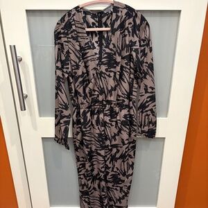S Vince Camuto Gray Putty Black Patterned Long Sleeve Jumpsuit